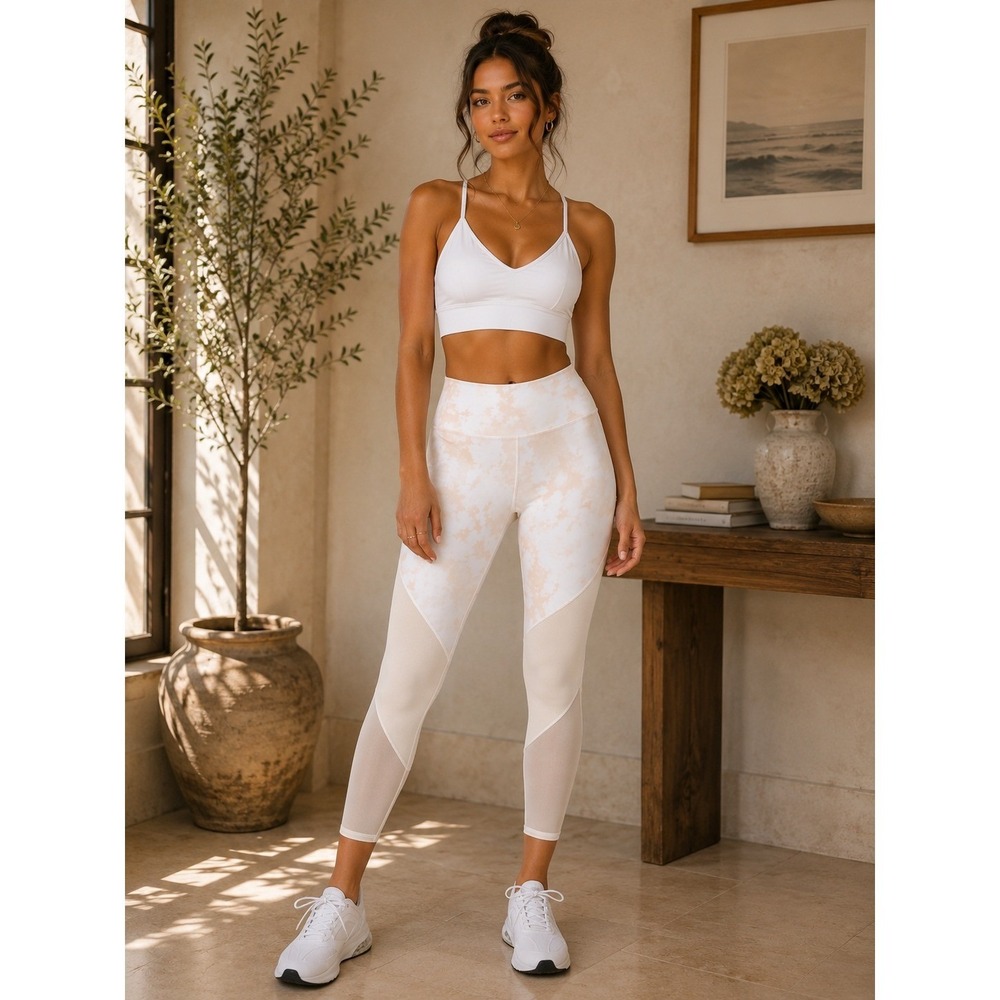 Fabletics Leggings Womens XS White Tie Dye Mesh Panel Zone PowerHold High Rise